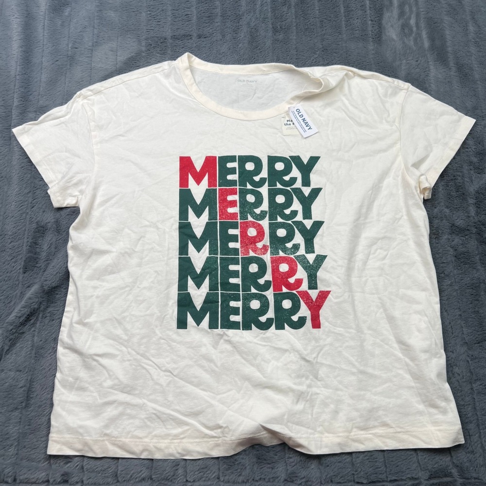 Old Navy Womens XL Merry Christmas Graphic T-Shirt Cream Red Green 412903-03-1